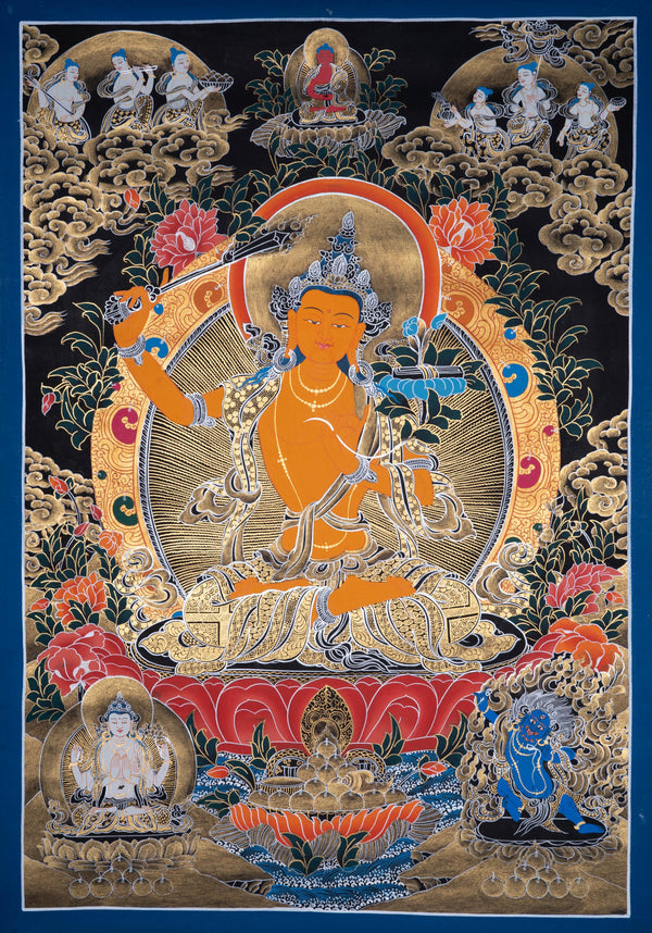 Manjushri Tibetan Thangka Painting with Silver and 24k Gold - Himalayas Shop