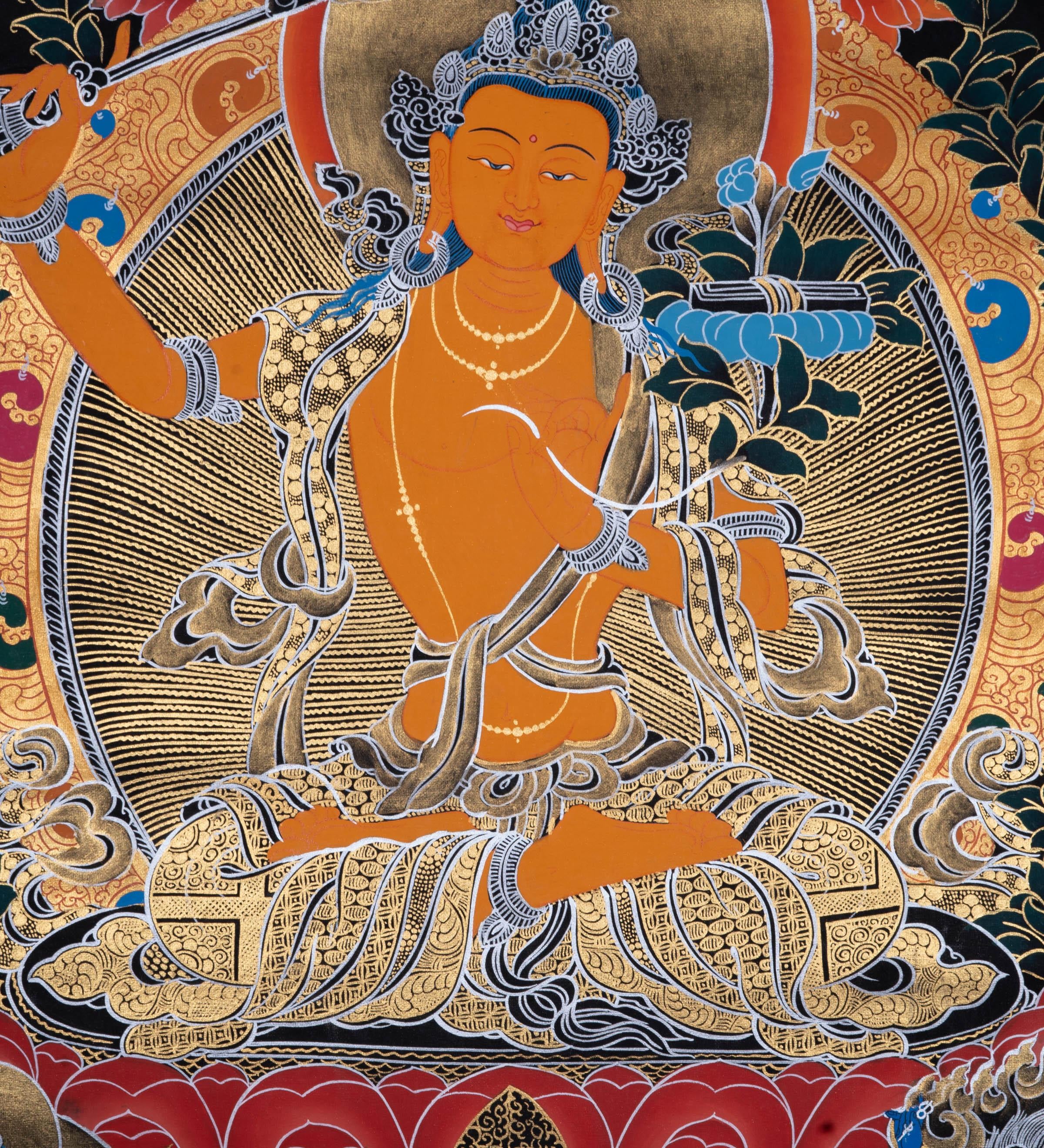 Manjushri Tibetan Thangka Painting with Silver and 24k Gold - Himalayas Shop