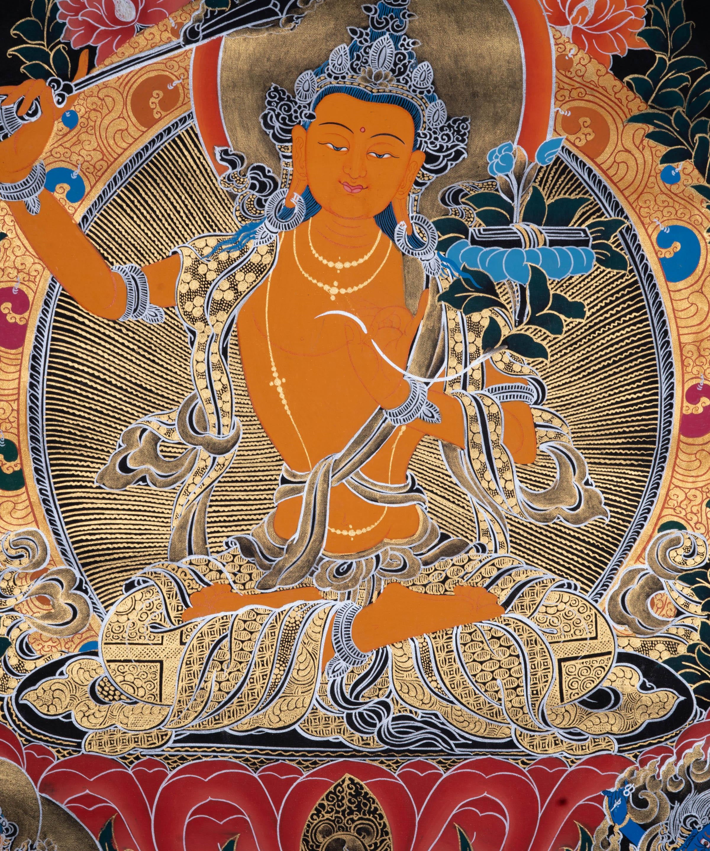 Manjushri Tibetan Thangka Painting with Silver and 24k Gold - Himalayas Shop