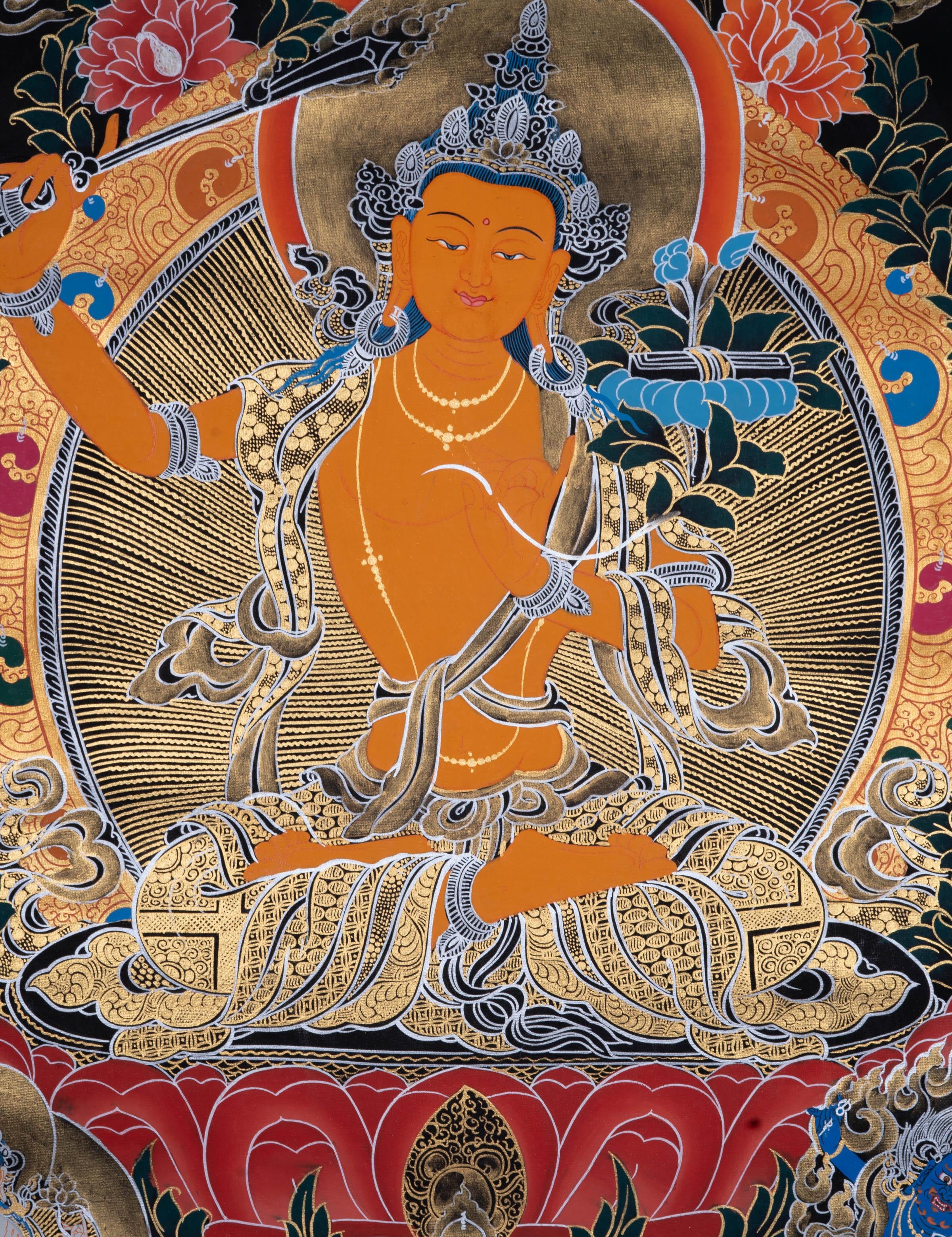 Manjushri Tibetan Thangka Painting with Silver and 24k Gold - Himalayas Shop