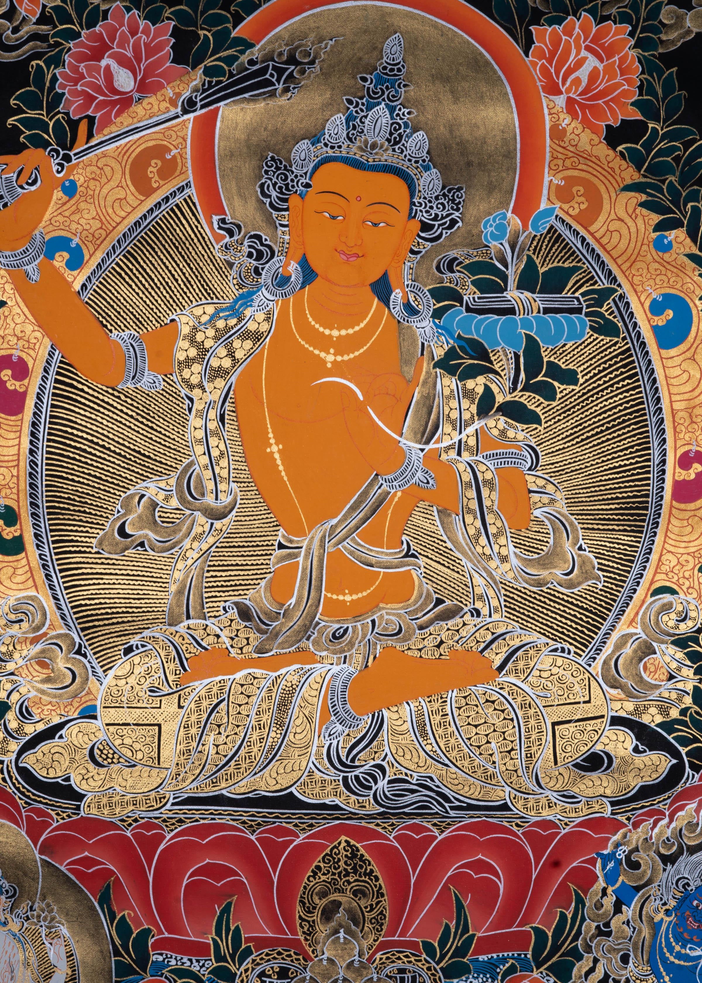 Manjushri Tibetan Thangka Painting with Silver and 24k Gold - Himalayas Shop