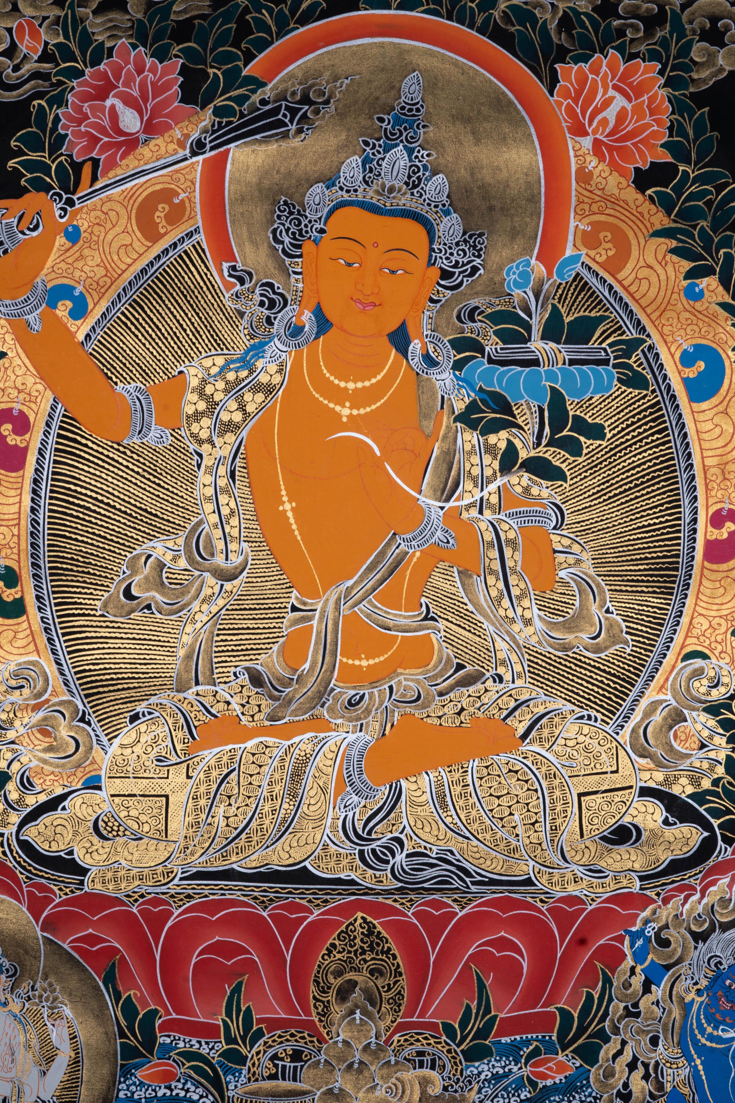 Manjushri Tibetan Thangka Painting with Silver and 24k Gold - Himalayas Shop