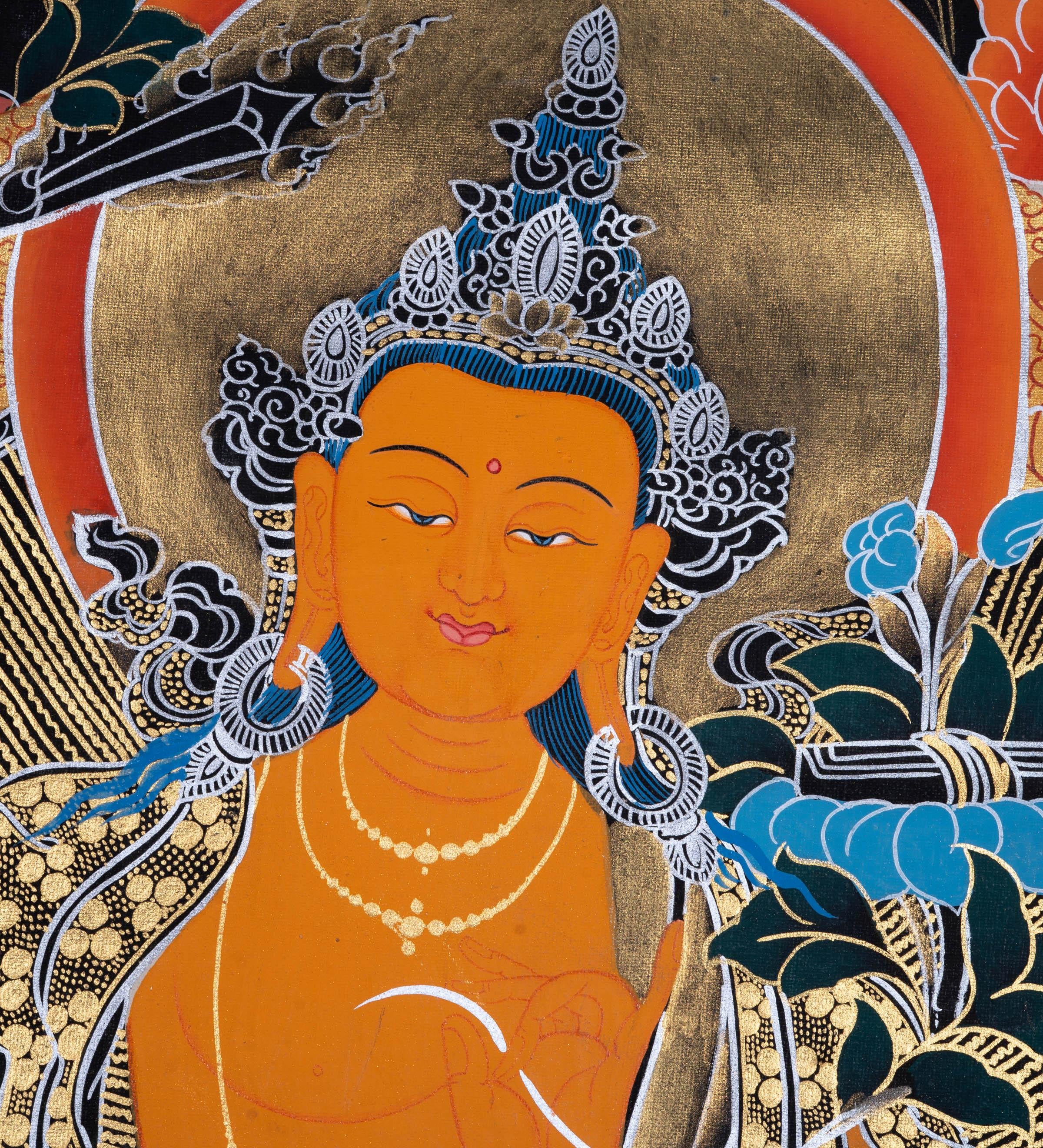 Manjushri Tibetan Thangka Painting with Silver and 24k Gold - Himalayas Shop