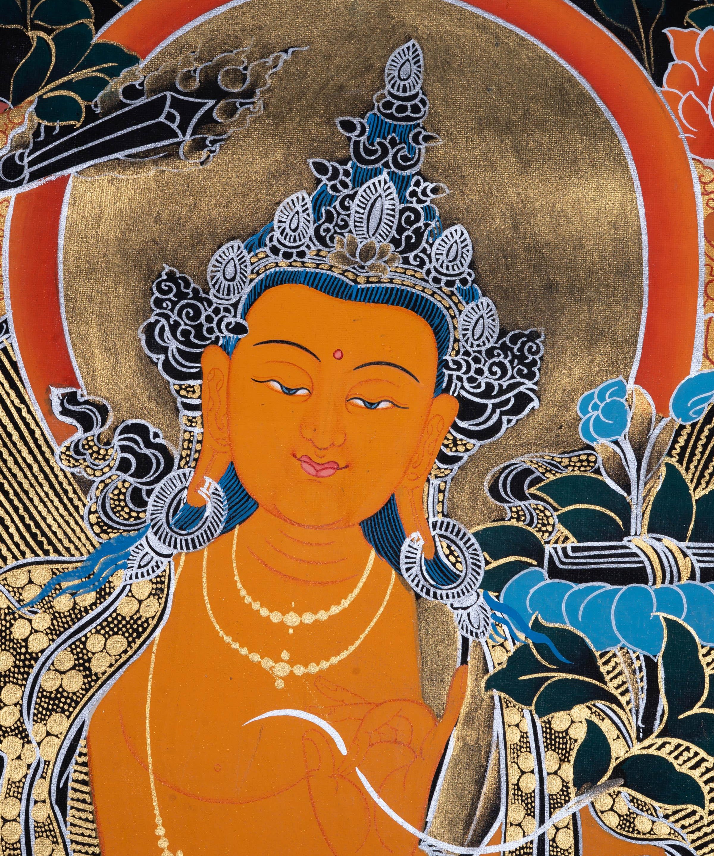 Manjushri Tibetan Thangka Painting with Silver and 24k Gold - Himalayas Shop