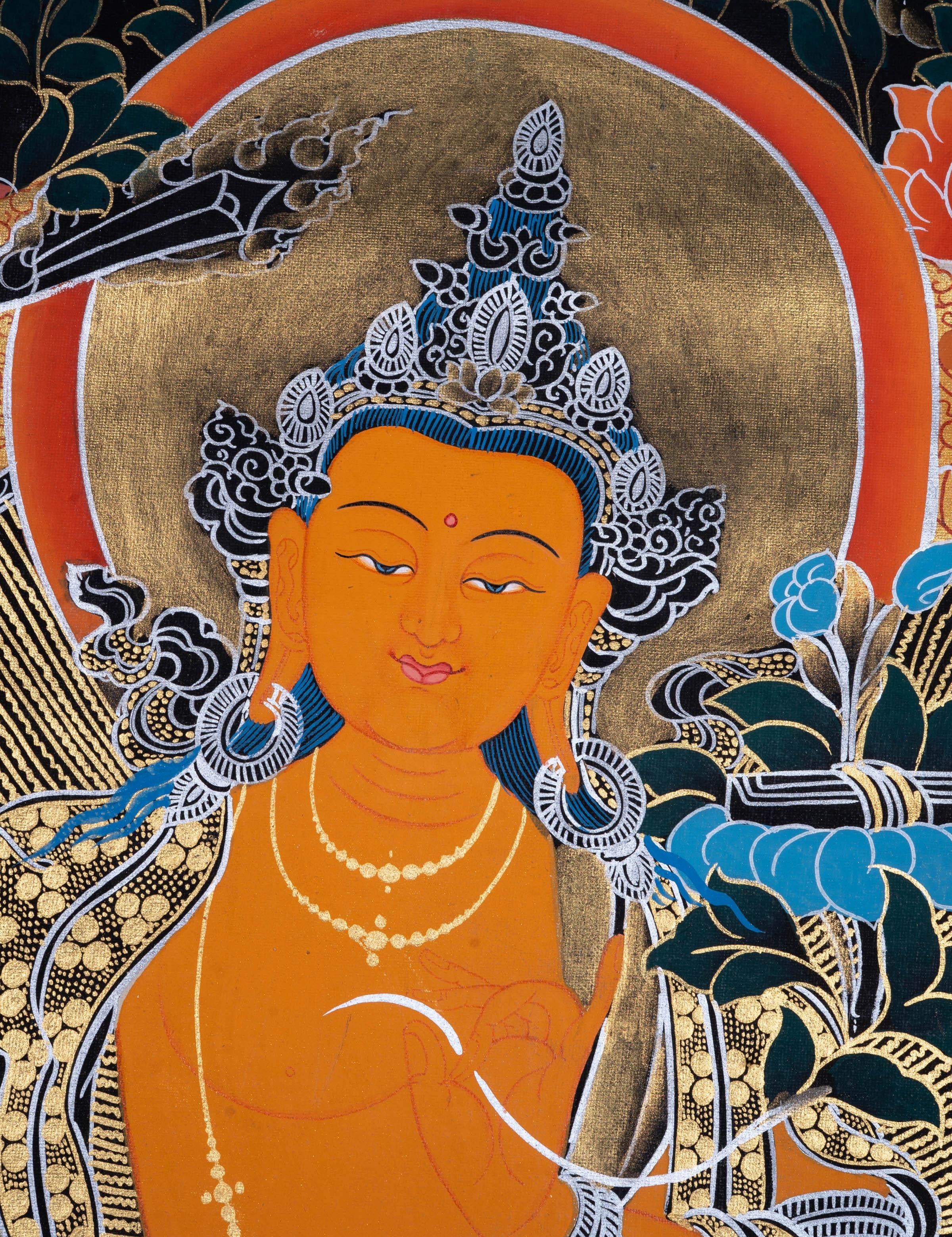 Manjushri Tibetan Thangka Painting with Silver and 24k Gold - Himalayas Shop