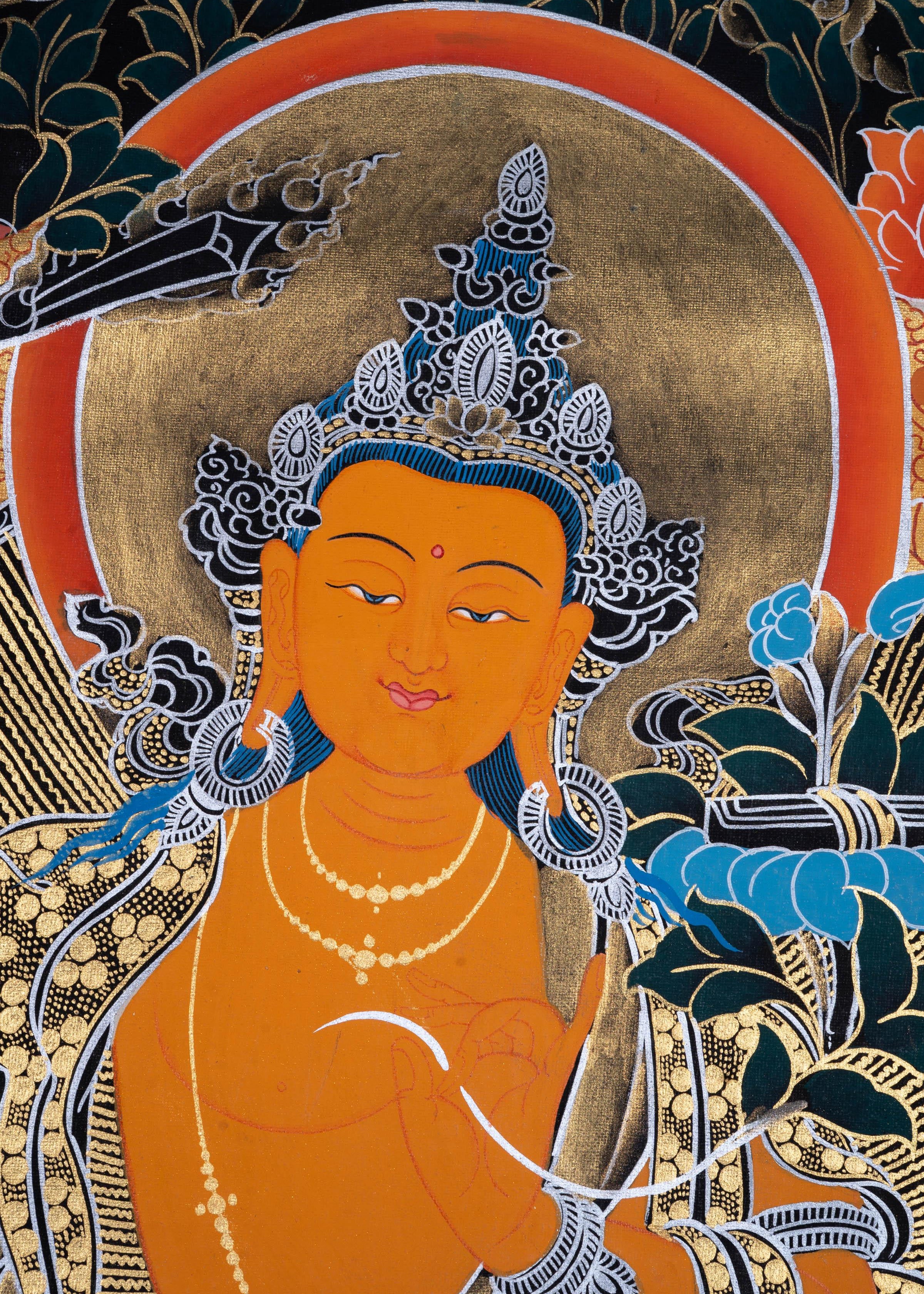 Manjushri Tibetan Thangka Painting with Silver and 24k Gold - Himalayas Shop