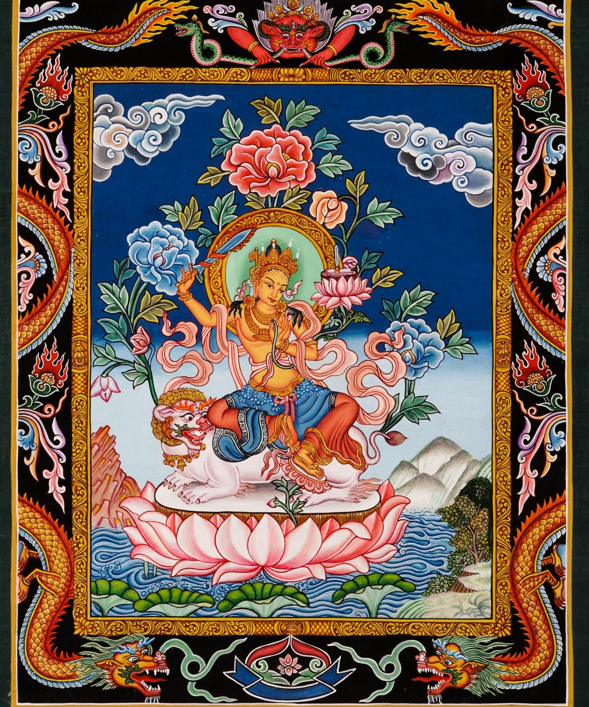 Handpainted Manjushri Newari Thangka - Best handpainted thangka painting - HimalayasShop