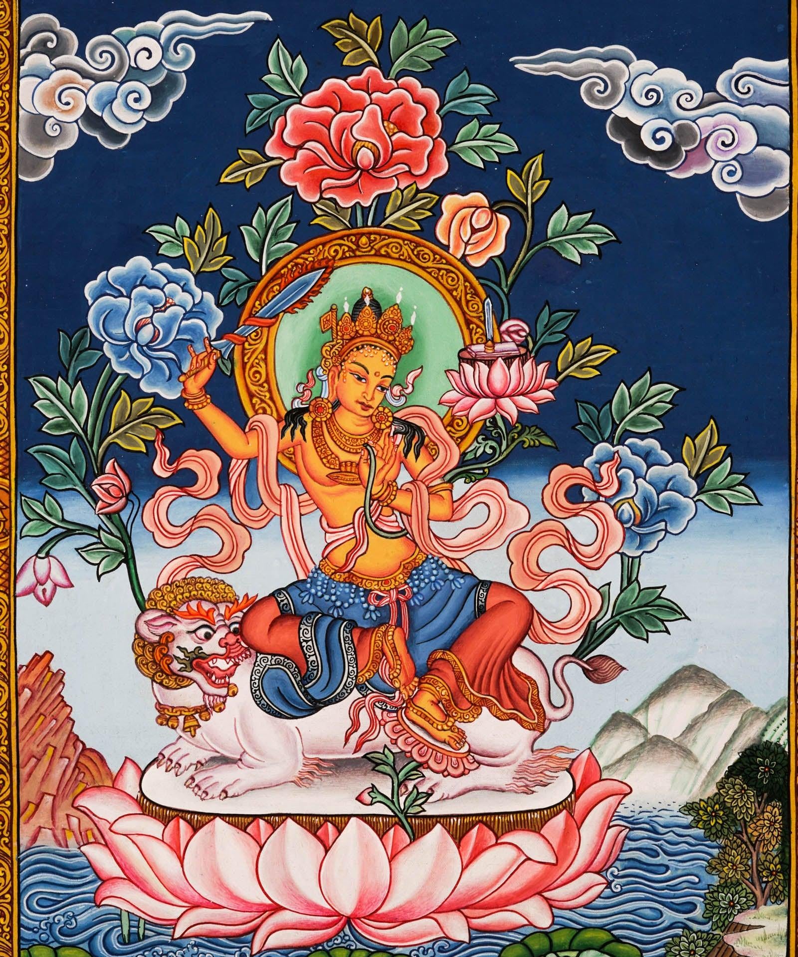 Handpainted Manjushri Newari Thangka - Best handpainted thangka painting - HimalayasShop