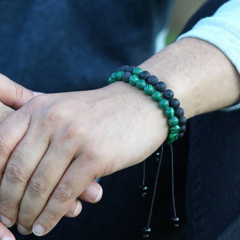 Malachite with Lava Handmade Wrist Bracelet being worn around