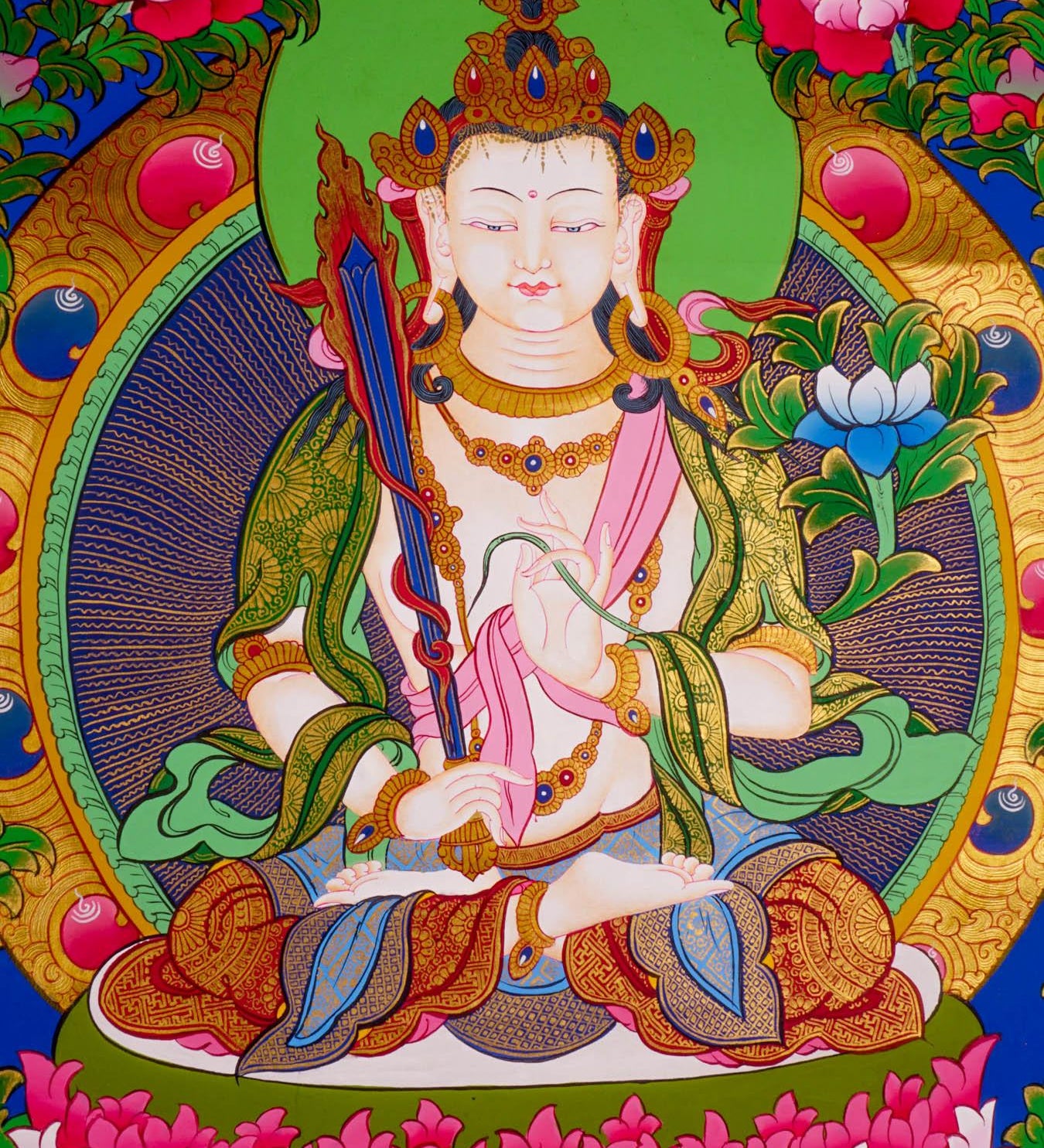 Japanese style thangka painting on canvas of Manjushri