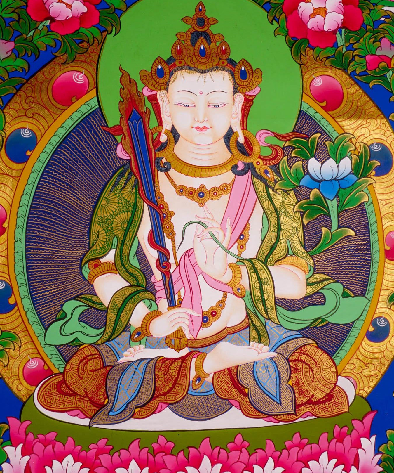Japanese style thangka painting on canvas of Manjushri