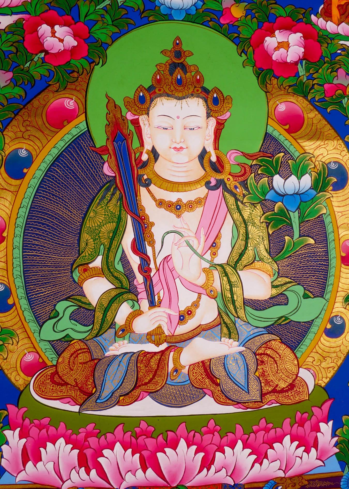 Japanese style thangka painting on canvas of Manjushri