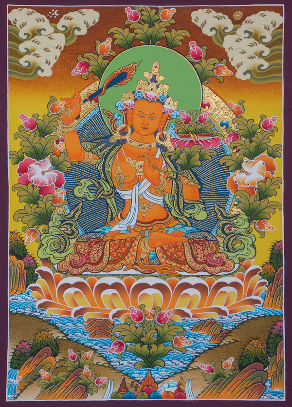 Manjushri Handpainted Tibetan Thangka - Holding Prajnaparamita - Himalayas Shop