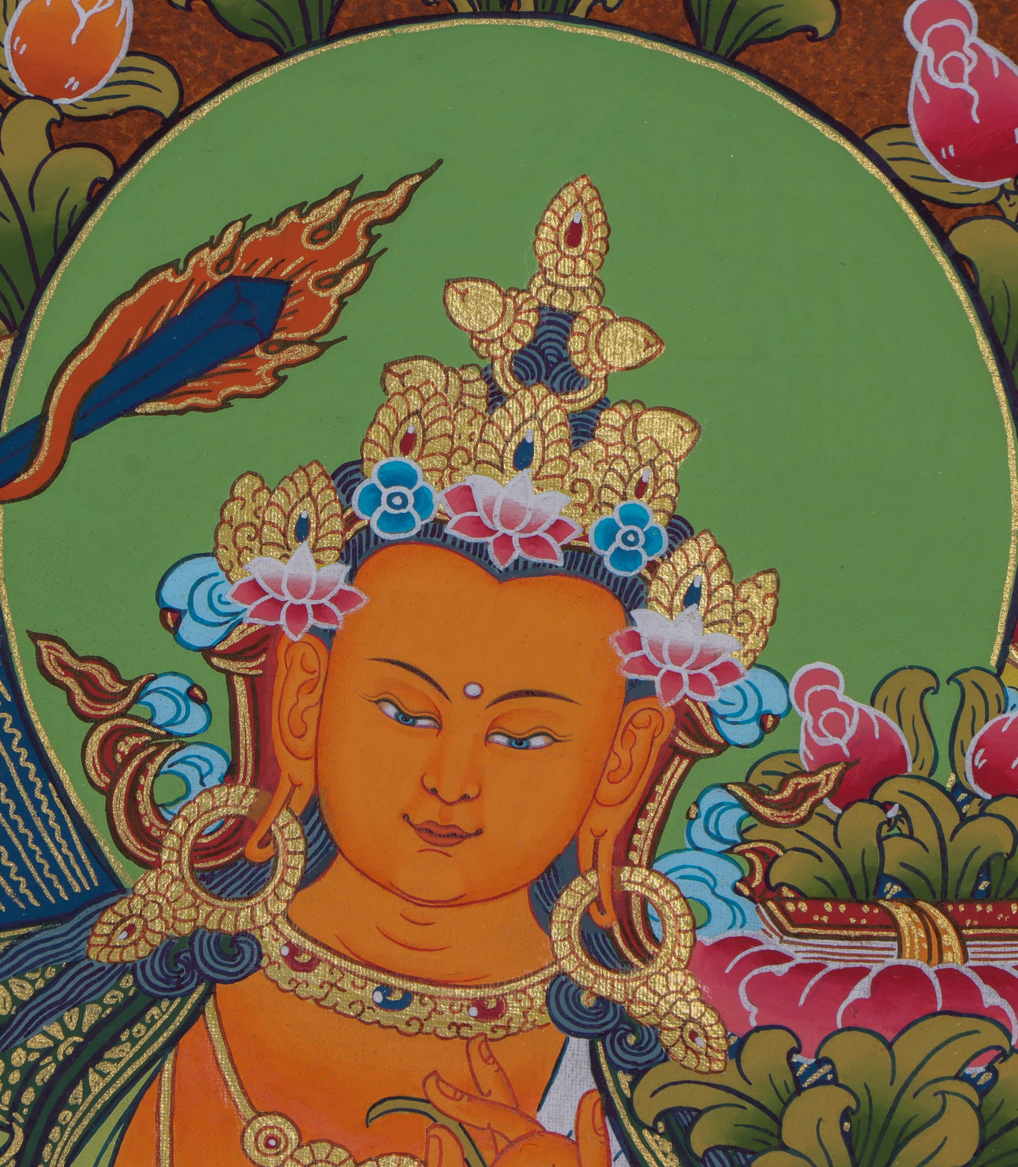 Manjushri Handpainted Tibetan Thangka - Holding Prajnaparamita - Himalayas Shop