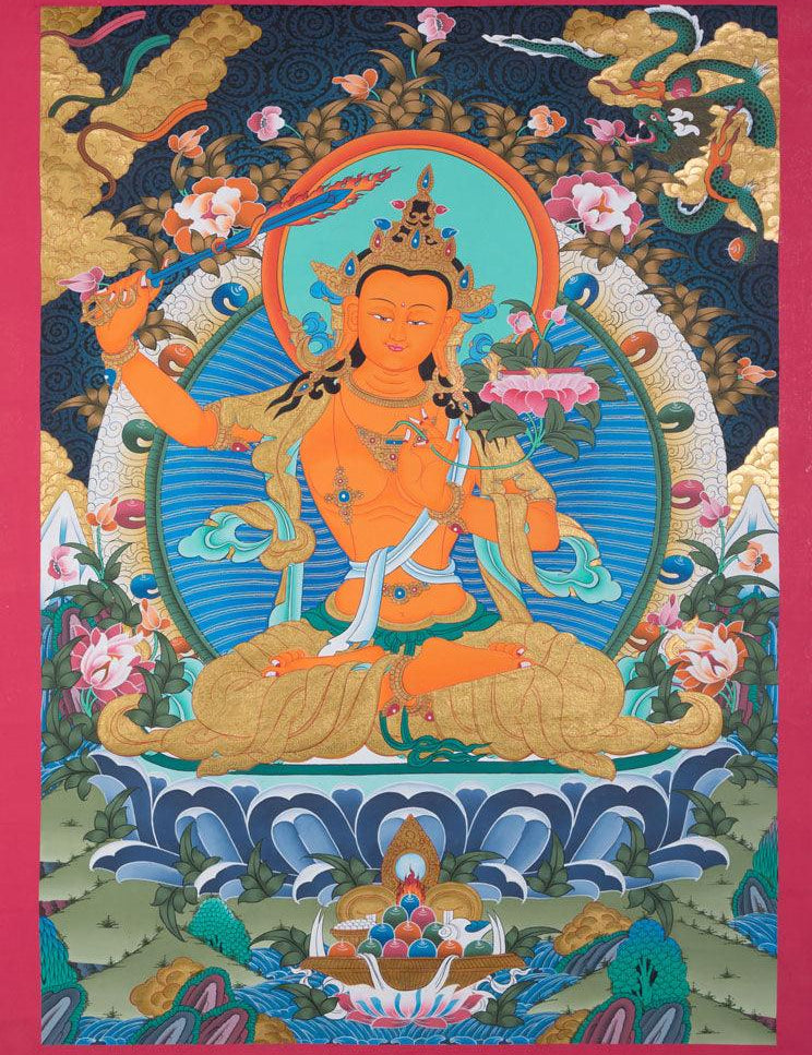 Manjushri is the Bodhisattva of transcendent wisdom. With the double-edged  sword on his right hand he cuts through the illusion and with his left hand holds a lotus with book of Prajna Paramita. 