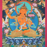 This beautiful Thangka Painting of Bodhisattva Manjushri is done by the master artisan from Kathmandu Valley.  Manjushri is the Bodhisattva of transcendent wisdom.