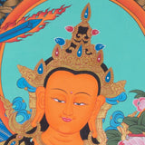 This beautiful Thangka Painting of Bodhisattva Manjushri is done by the master artisan from Kathmandu Valley.  Manjushri is the Bodhisattva of transcendent wisdom.