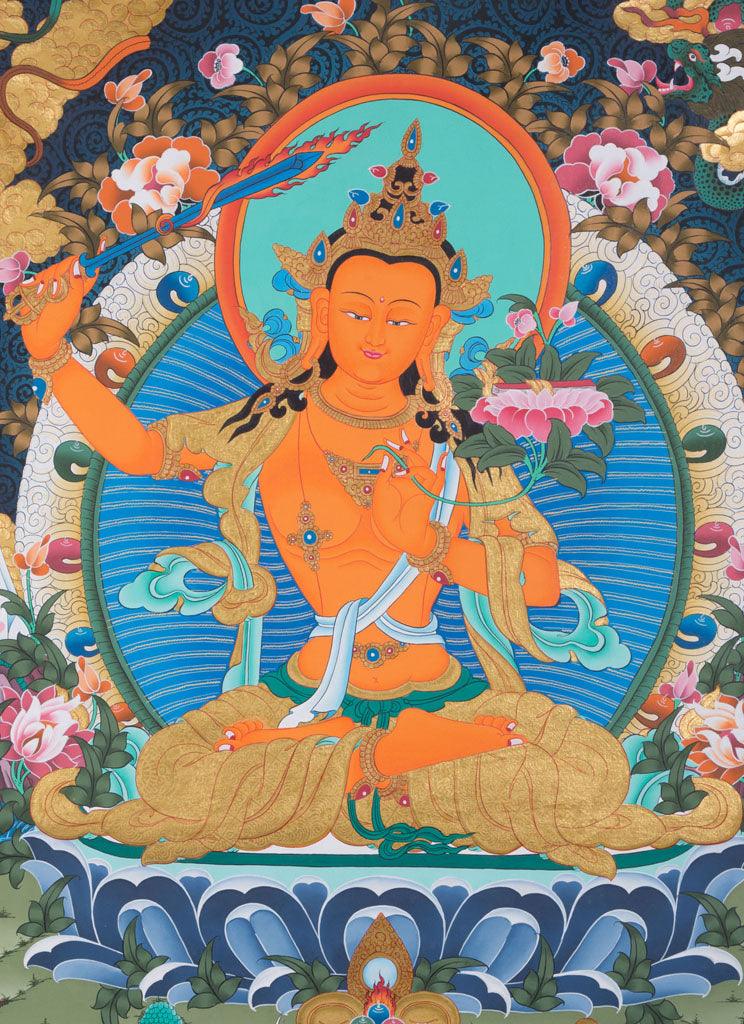Manjushri is the Bodhisattva of transcendent wisdom. With the double-edged  sword on his right hand he cuts through the illusion and with his left hand holds a lotus with book of Prajna Paramita. 