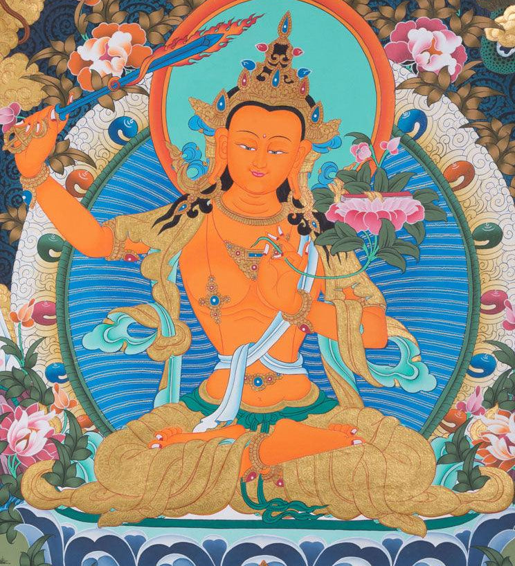 Manjushri is the Bodhisattva of transcendent wisdom. With the double-edged  sword on his right hand he cuts through the illusion and with his left hand holds a lotus with book of Prajna Paramita. 