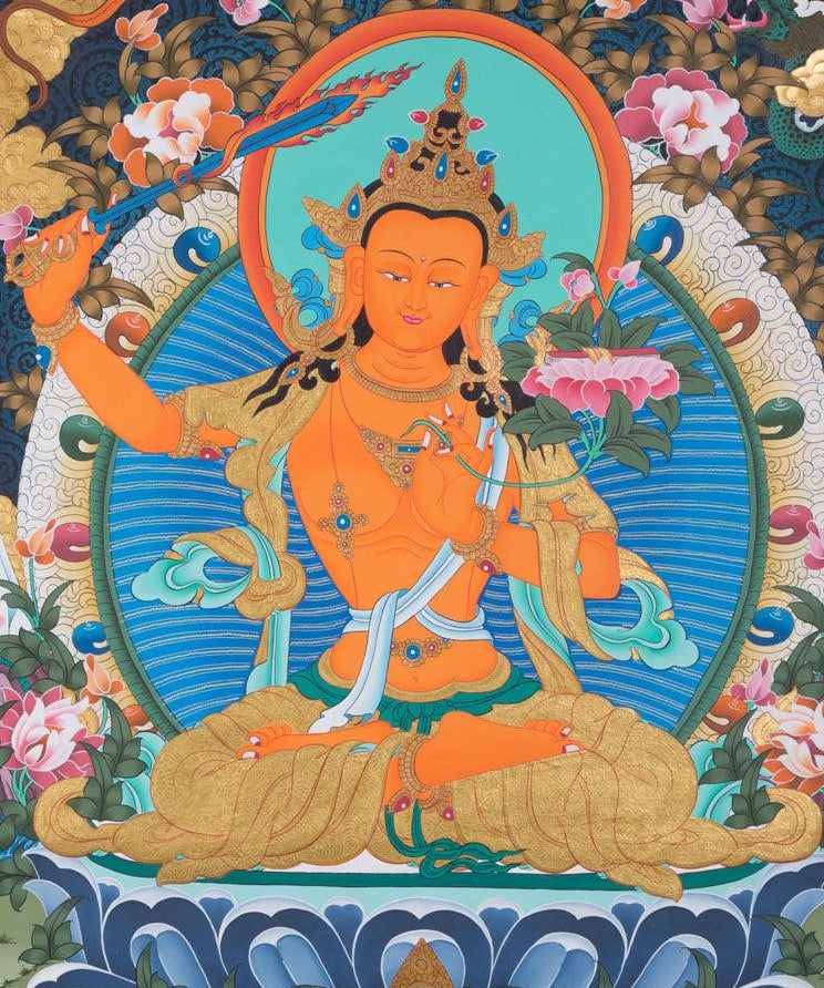 Manjushri is the Bodhisattva of transcendent wisdom. With the double-edged  sword on his right hand he cuts through the illusion and with his left hand holds a lotus with book of Prajna Paramita. 