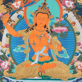 This beautiful Thangka Painting of Bodhisattva Manjushri is done by the master artisan from Kathmandu Valley.  Manjushri is the Bodhisattva of transcendent wisdom.