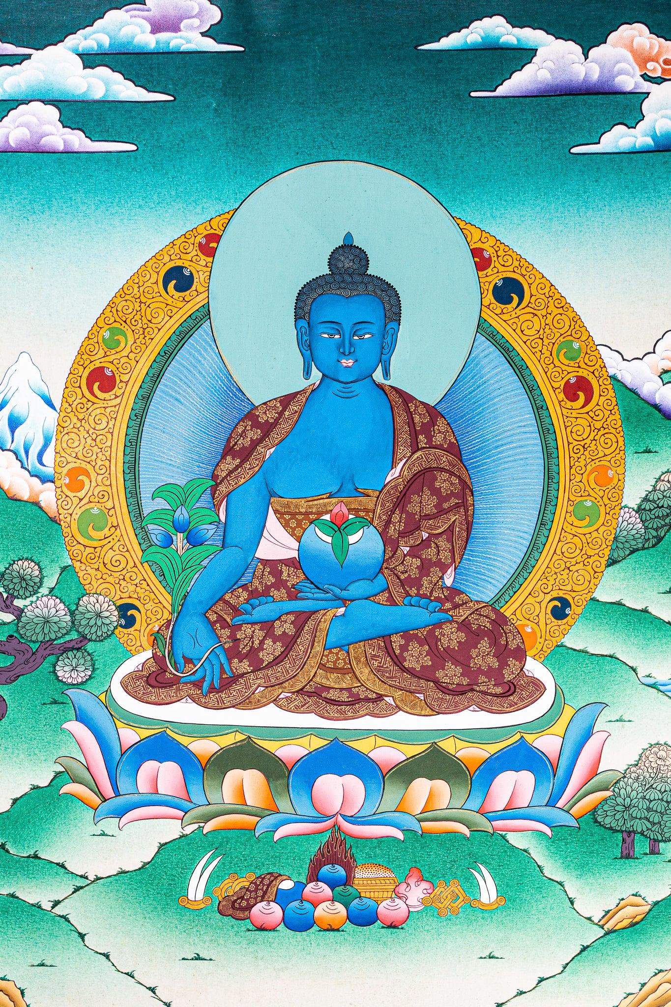 Medicine Buddha Tibetan Thangka Painting on cotton canvas
