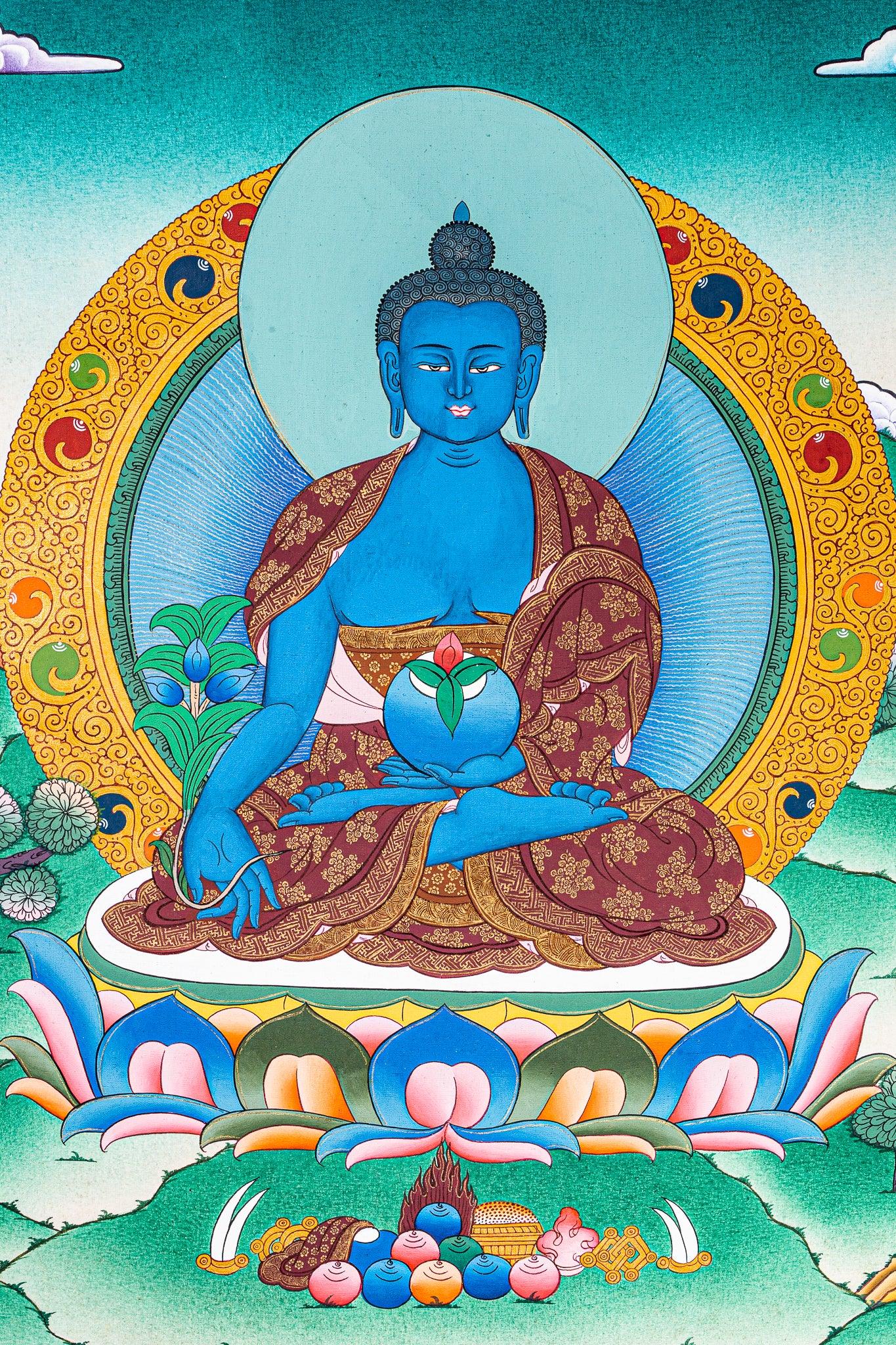 Medicine Buddha Tibetan Thangka Painting on cotton canvas