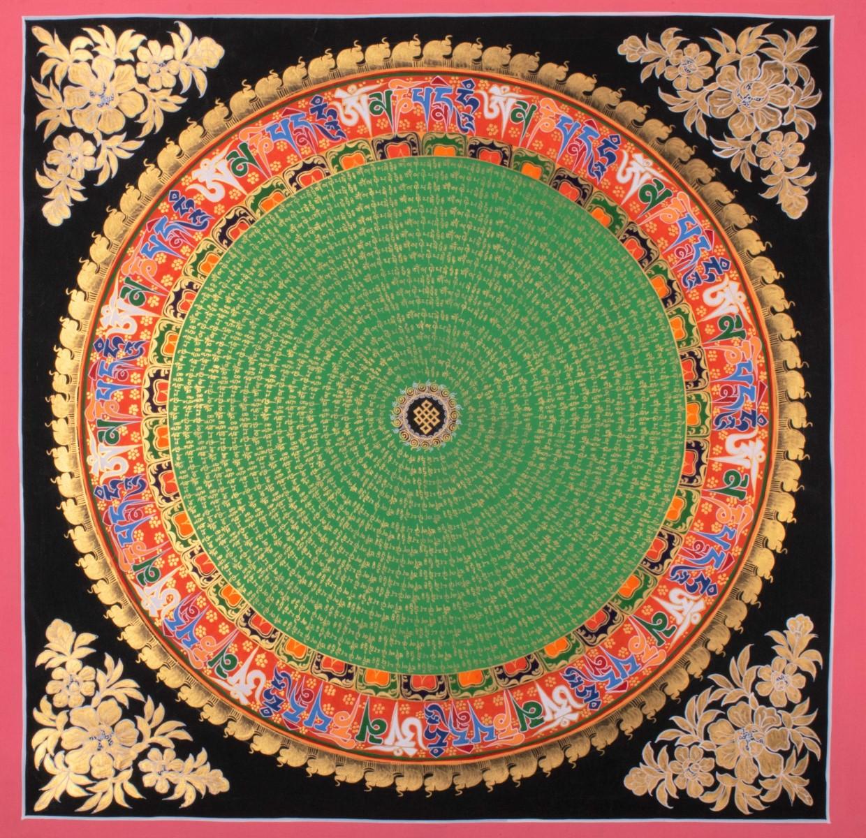 green and gold thangka art of Mandala on canvas for wall hanging 