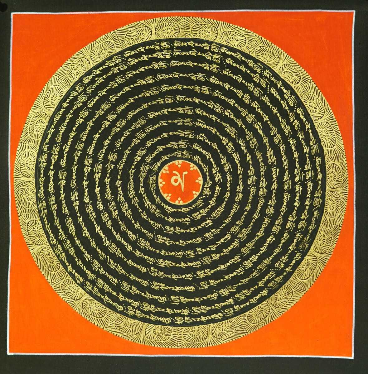 Orange Mandala Thangka with om mani padme hum