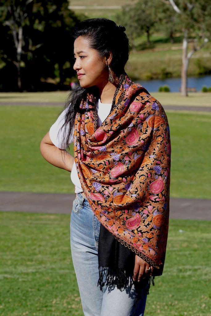 Heavy embroidery vintage paisley design pashmina shawl gives you a classic looks and gets everyone attention!