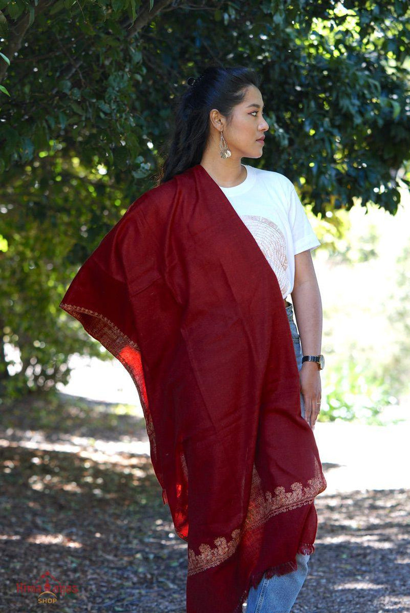 Marron color embroidered pashmina shawl. Hand embroidered and ethically sourced from Nepal. 