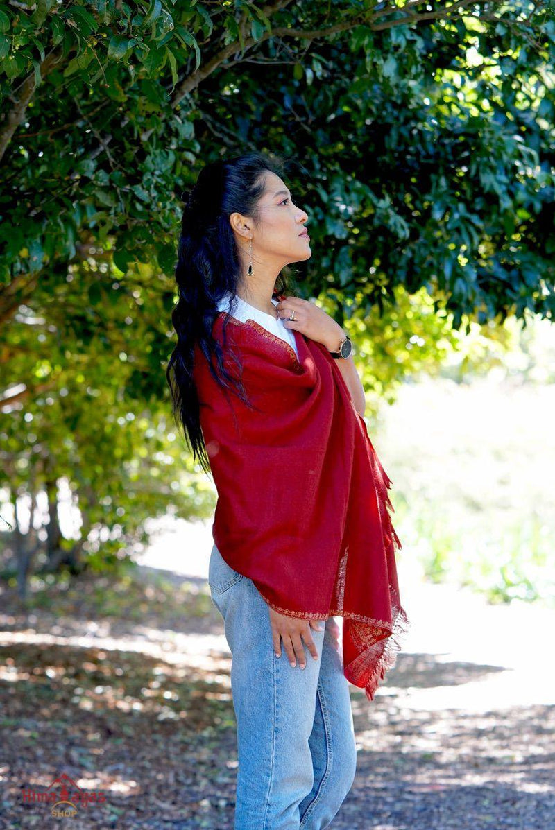 Marron color embroidered pashmina shawl. Hand embroidered and ethically sourced from Nepal. 