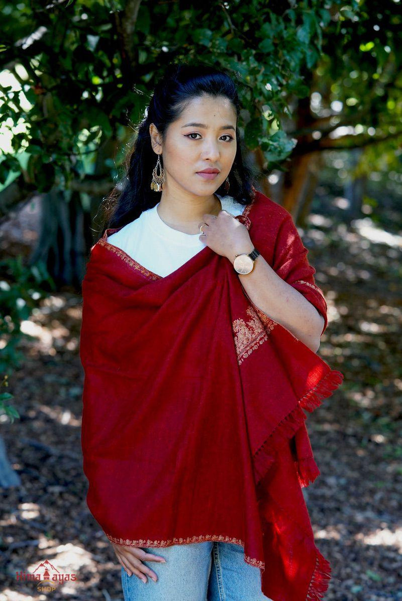 Marron color embroidered pashmina shawl. Hand embroidered and ethically sourced from Nepal. 