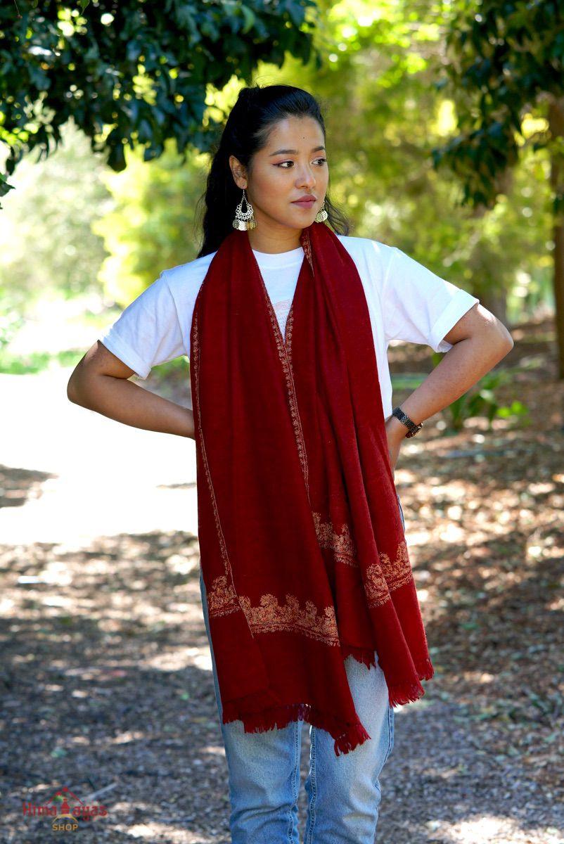 Marron color embroidered pashmina shawl. Hand embroidered and ethically sourced from Nepal. 