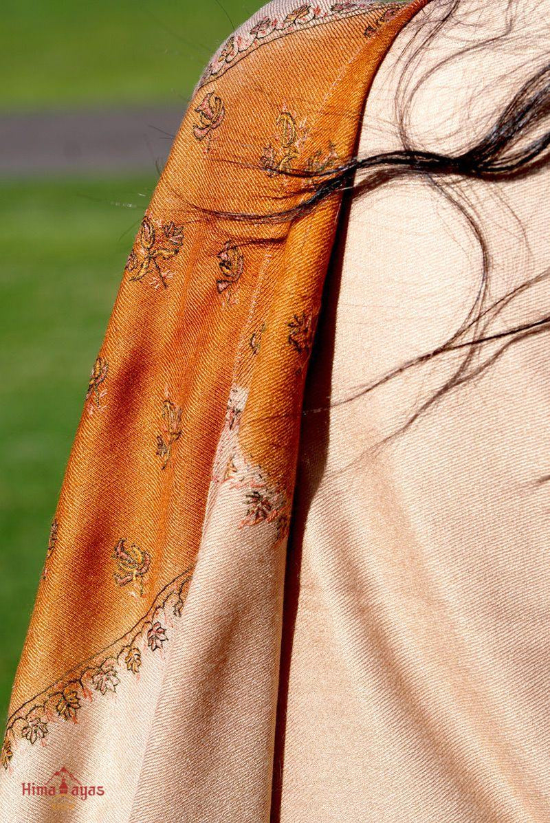 Beige color light embroidered pure pashmina shawl from Nepal. This can be worn of any occasion.