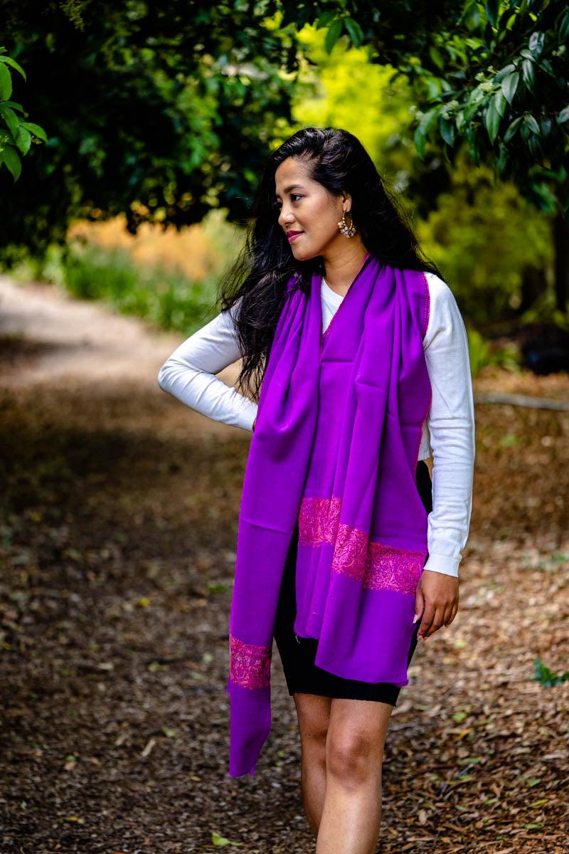 Beautiful Cashmere design Purple Pashmina shawl with floral patterns