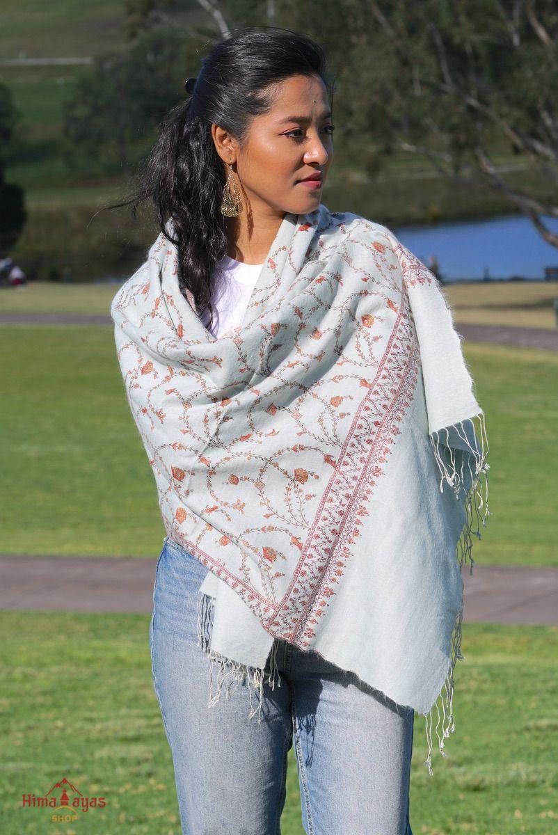 Sky blue pashmina shawl with light embroidery work for summer or spring wear.