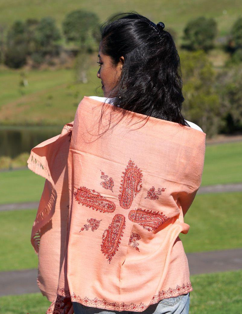 Ethically sourced biodegradable pashmina shawl from Nepal.  This salmon pink color pashmina shawl is most women favourite!