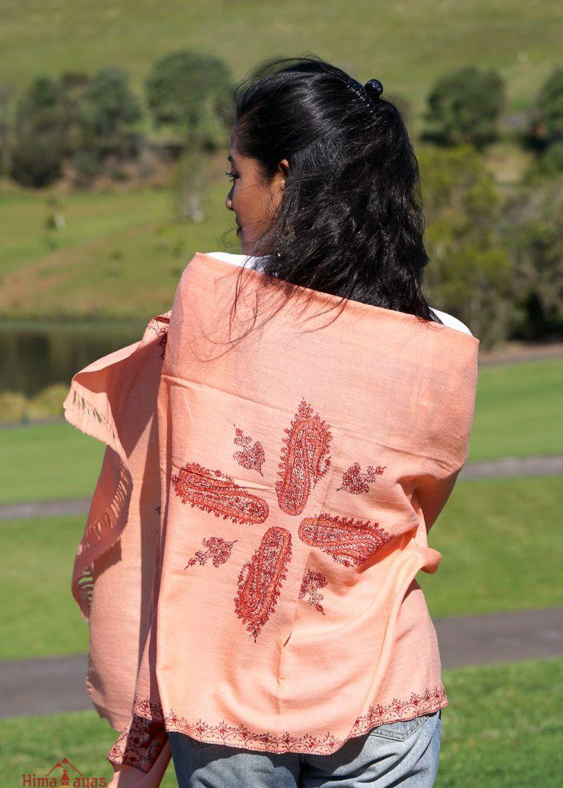 Ethically sourced biodegradable pashmina shawl from Nepal.  This salmon pink color pashmina shawl is most women favourite!