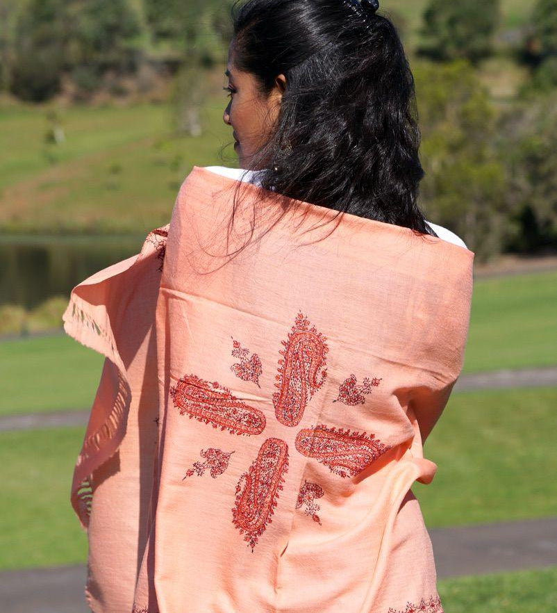 Ethically sourced biodegradable pashmina shawl from Nepal.  This salmon pink color pashmina shawl is most women favourite!
