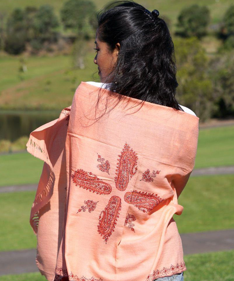 Ethically sourced biodegradable pashmina shawl from Nepal.  This salmon pink color pashmina shawl is most women favourite!