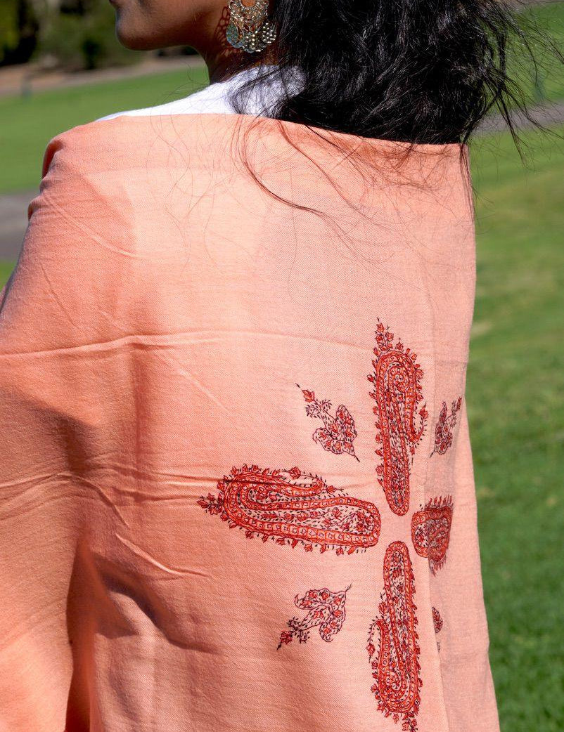 Ethically sourced biodegradable pashmina shawl from Nepal.  This salmon pink color pashmina shawl is most women favourite!
