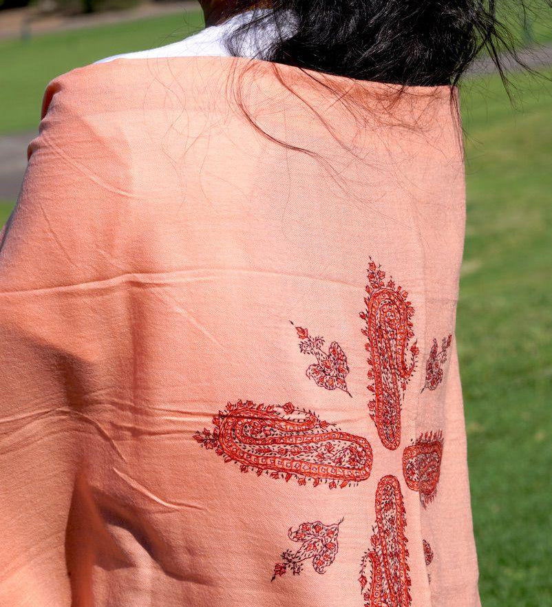 Ethically sourced biodegradable pashmina shawl from Nepal.  This salmon pink color pashmina shawl is most women favourite!