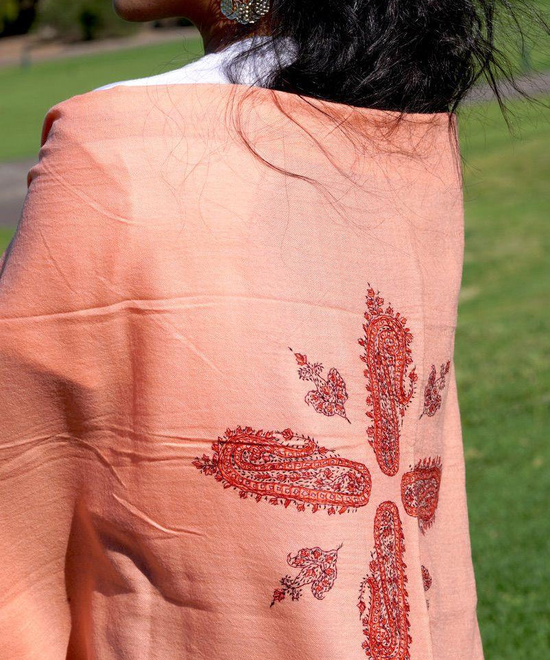 Ethically sourced biodegradable pashmina shawl from Nepal.  This salmon pink color pashmina shawl is most women favourite!