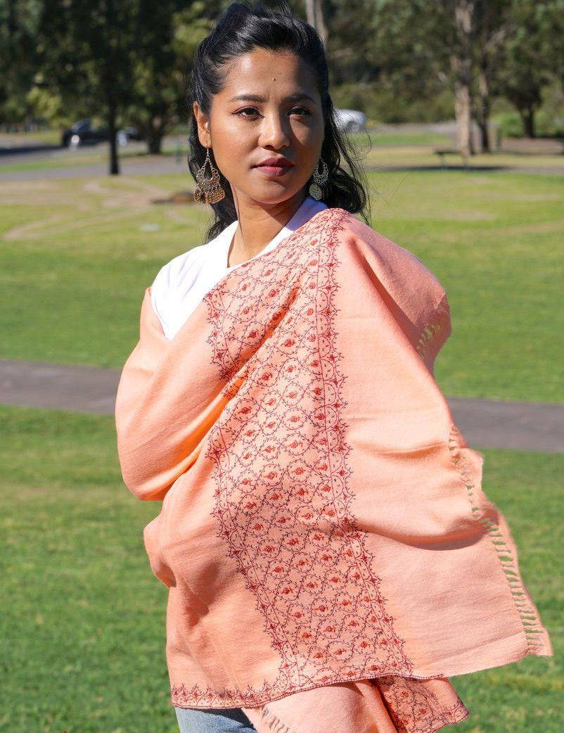 Ethically sourced biodegradable pashmina shawl from Nepal.  This salmon pink color pashmina shawl is most women favourite!
