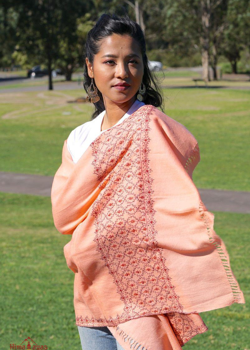 Ethically sourced biodegradable pashmina shawl from Nepal.  This salmon pink color pashmina shawl is most women favourite!