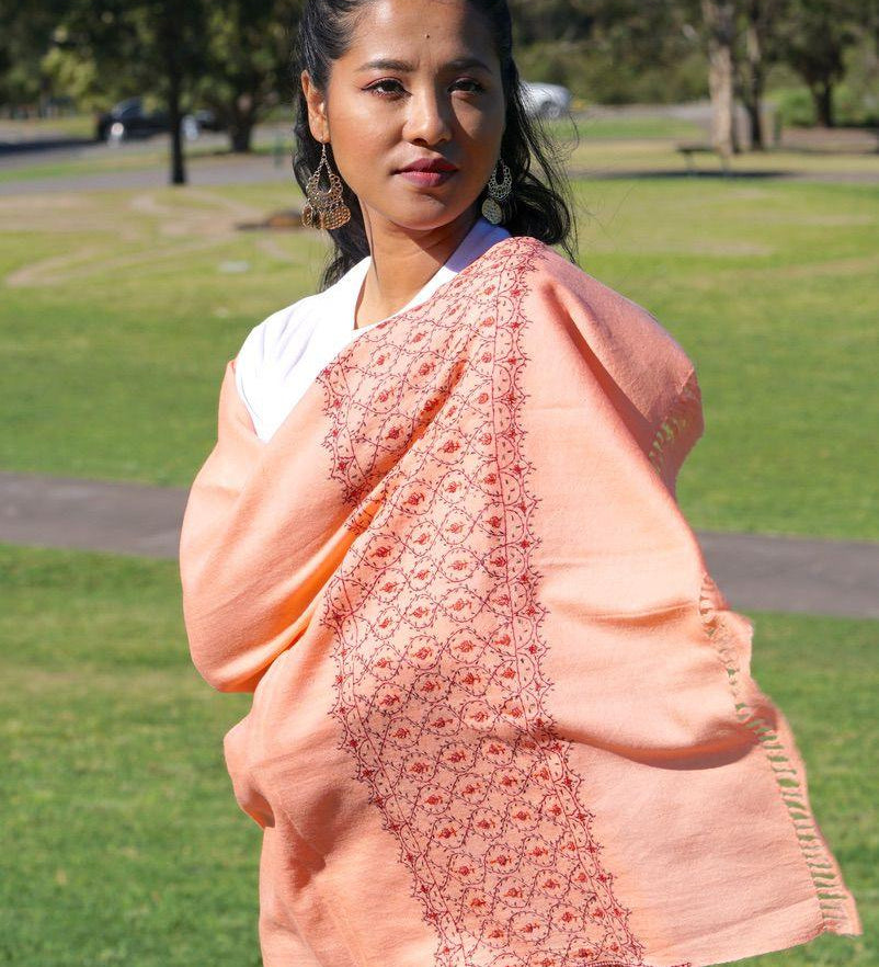 Ethically sourced biodegradable pashmina shawl from Nepal.  This salmon pink color pashmina shawl is most women favourite!