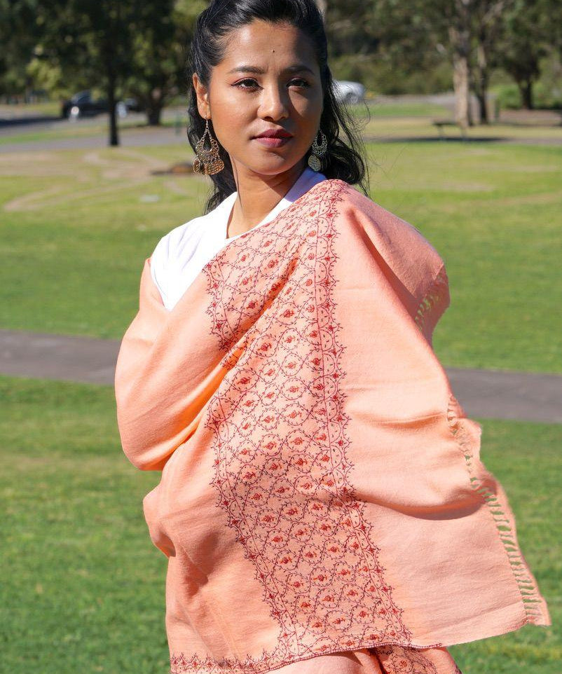 Ethically sourced biodegradable pashmina shawl from Nepal.  This salmon pink color pashmina shawl is most women favourite!
