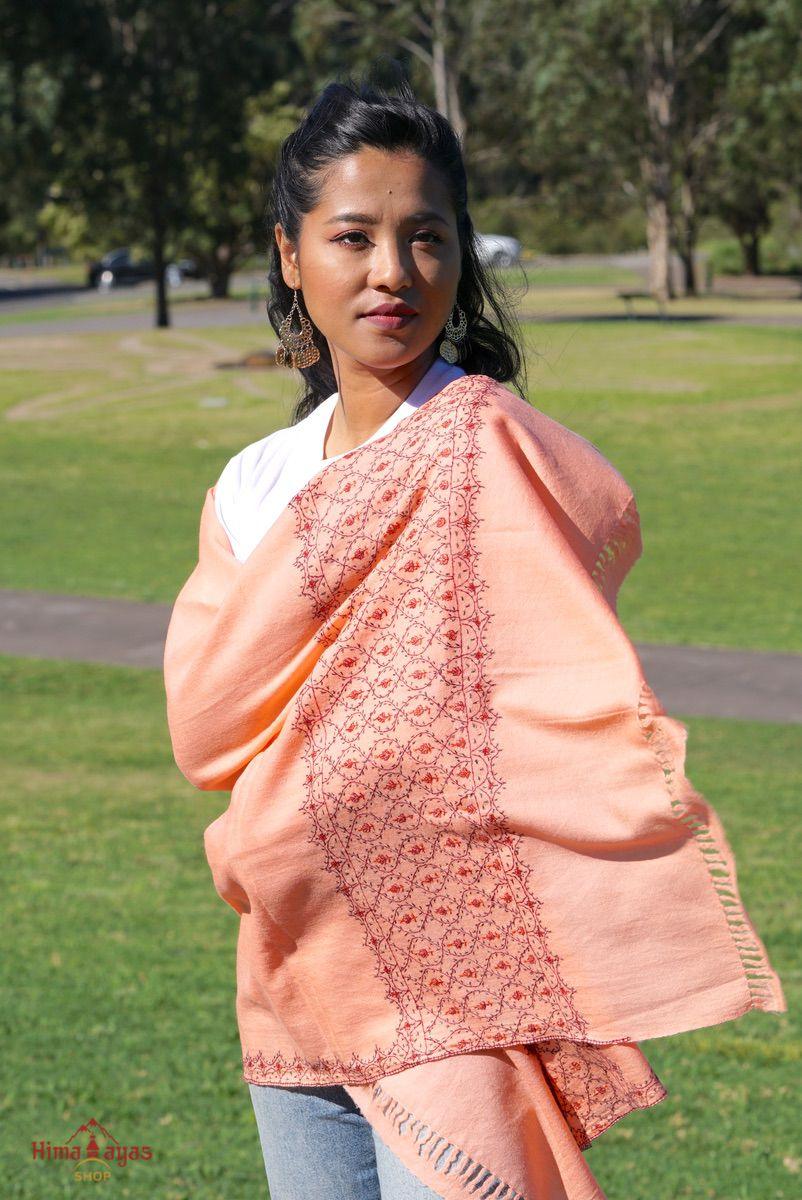 Ethically sourced biodegradable pashmina shawl from Nepal.  This salmon pink color pashmina shawl is most women favourite!