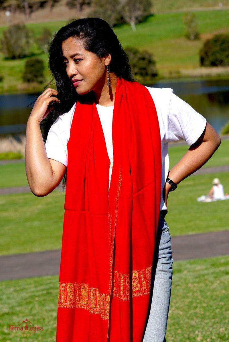 Bold and beautiful color red Pashmina Shawl can be best fit for your special days when you want to stand out! Ethical sourced & Sustainable environment friendly clothes.